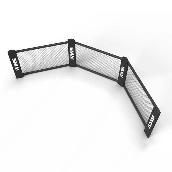 A zig-zag three-panel divider in black metal mesh with "SMAI" on each panel stands against a white background, resembling an MMA cage's reinforced mesh. This is the MMA Cage Panel Pack by SMAI.