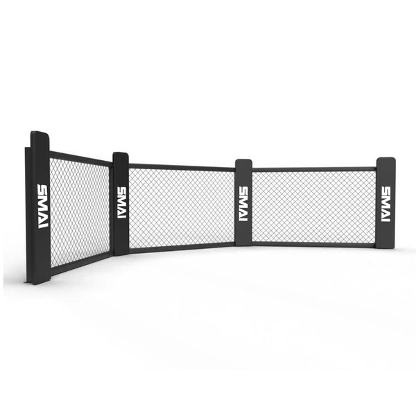 The MMA Cage Panel Pack by SMAI includes a three-panel black fence with reinforced cage mesh in a curved setup. Each panel is supported by sturdy black posts with "SMART" written in white on them, set against clean white flooring reminiscent of an MMA cage environment.