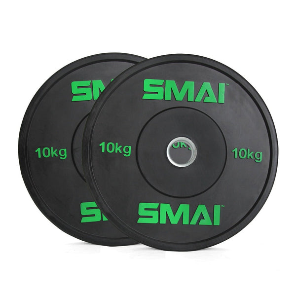 The 10kg black bumper plates, part of the 105kg HD Bumper Plate Set and branding as "Sale Item" in green lettering, are displayed against a white backdrop. Ideal for setting up an Olympic lifting station, these robust plates slightly overlap to create a stylish weightlifting ensemble.