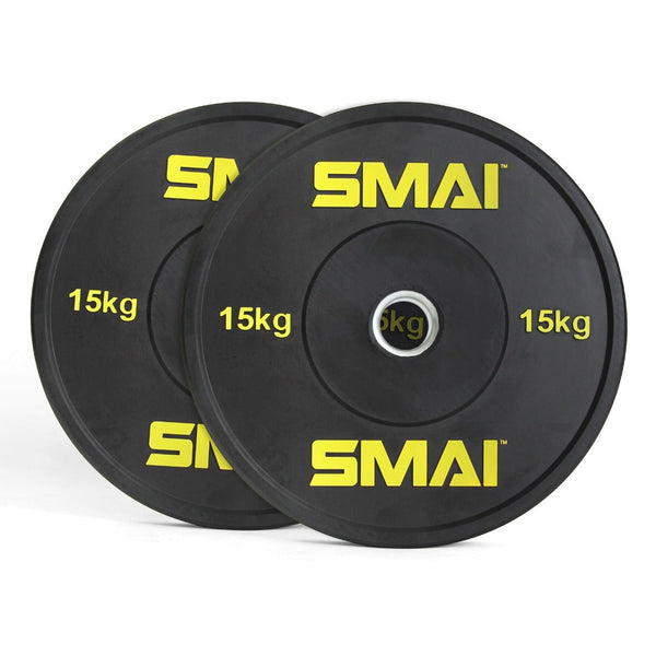 A pair of black round bumper plates from Sale Item, featuring "SMAI" in yellow and "15kg" in white on both sides, are stacked together. The weightlifting package also includes a plate at the back with a central "5kg" marking, ideal for Olympic lifting enthusiasts.