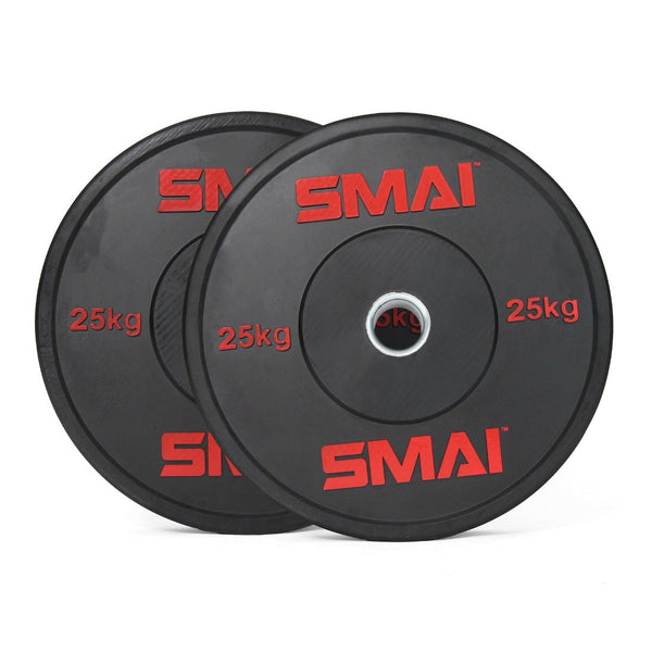 Two black rubber HD Bumper Plates from Sale Item, each weighing 25kg, are stacked upright. The brand logo is prominently displayed in red lettering alongside weight specifications in smaller red text on each plate, exemplifying high-quality gym equipment ideal for commercial use.