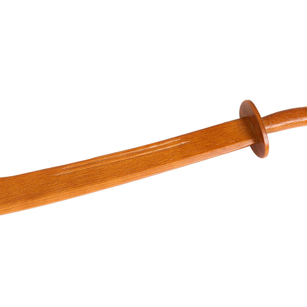 Close-up of the SMAI Sword - Broadsword Wooden against a white background. This training weapon is crafted from red oak, featuring a smooth, polished finish with a rounded guard separating the handle from the blade.