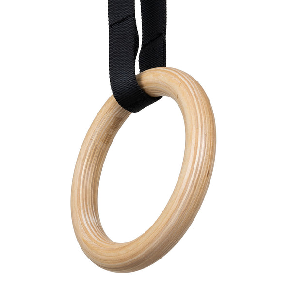 SMAI Wooden Gym Rings - Easy Straps feature a durable wooden ring suspended by an adjustable black strap, isolated on a white background.