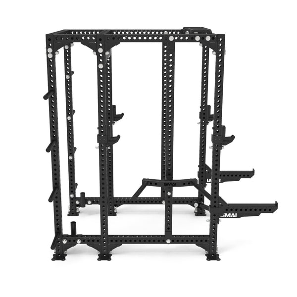 The SMAI Safety Spotter Arms (Pair) - Vanta Series are designed for weightlifting and strength training. Featuring a metal power rack with multiple hooks, the sturdy frame includes perforated holes for adjustable configurations, a black finish, and a quick-release safety pin system for easy setup.