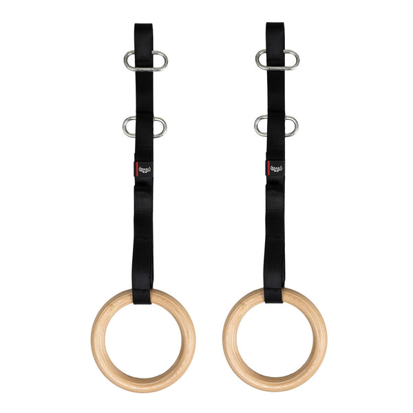 SMAI's Wooden Gym Rings - Easy Straps feature black adjustable straps and metal buckles for fitness and strength training. The rings provide excellent grip comfort, with multiple adjustment points for a versatile workout experience.