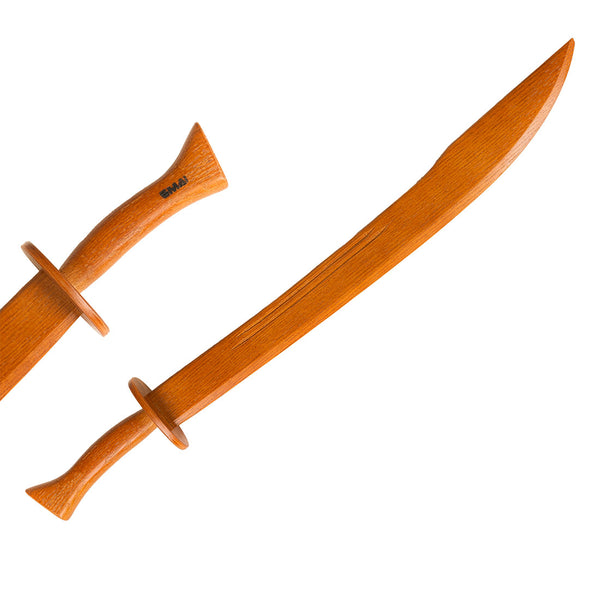 The SMAI Sword - Broadsword Wooden features a slightly curved blade, rounded guard, and polished Red Oak finish. Its smooth texture and warm color make it ideal for weapons training, with a focus on the detailed handle design.