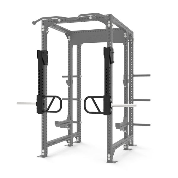 The SMAI Vanta Series gray exercise power rack, equipped with black adjustable safety bars and weight plate holders on the sides, offers an ideal setup for weightlifting and strength training. For added workout versatility, integrate dynamic movements with the optional Jammer Arms Attachment from the Vanta Series.