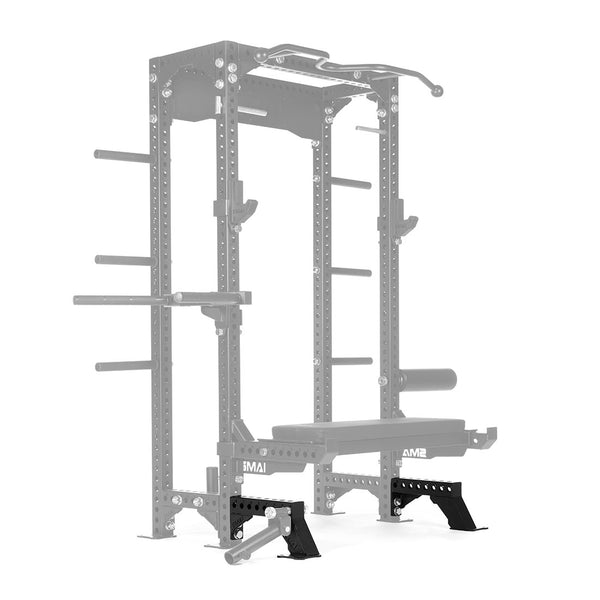 The SMAI Vanta Series Rack Legs, showcased in stylish black and gray, include adjustable safety bars, pull-up bars, and weight plate storage pegs. Its sturdy metal frame provides numerous holes for convenient adjustments.