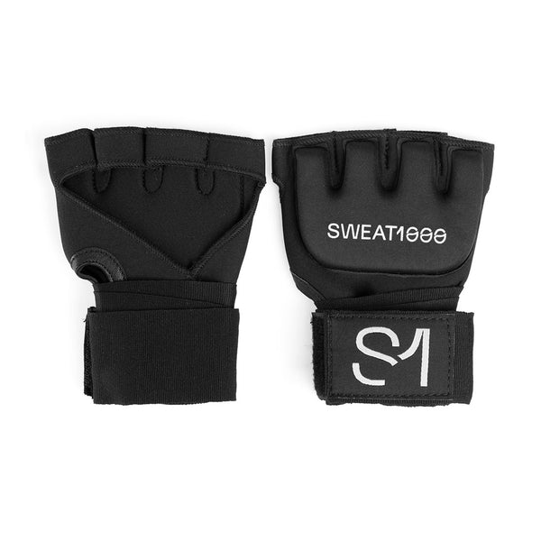 A pair of black Sweat1000 Gel Speed Wraps workout gloves featuring neoprene wrist straps for added comfort. The right glove displays the text "SWEAT1000," and the left glove features "S1" on the strap with a secure Velcro wrist closure, by No Sync To Channel Engine.