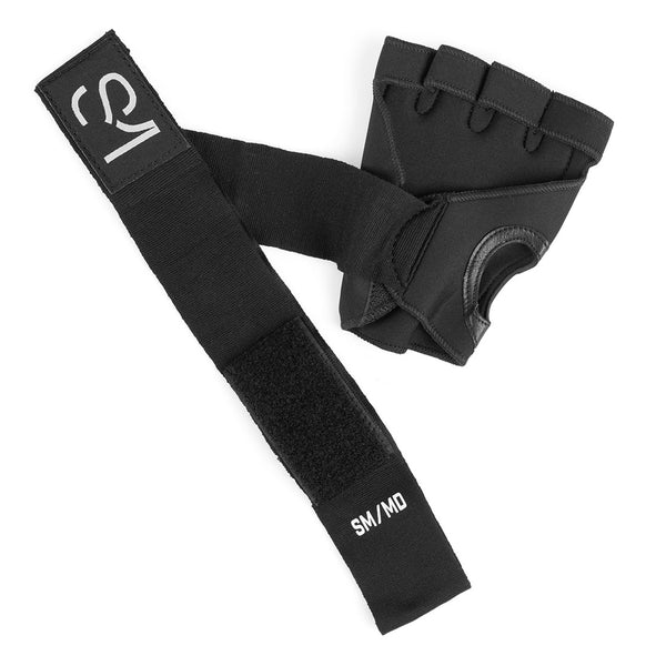 Sweat1000 Gel Speed Wraps by No Sync To Channel Engine are black MMA gloves with an attached wrist wrap. They feature a fingerless design and a Velcro strap marked "SM/MD" for sizing. The neoprene construction ensures durability, while the extended wraps are laid out flat, highlighting their length and material texture.