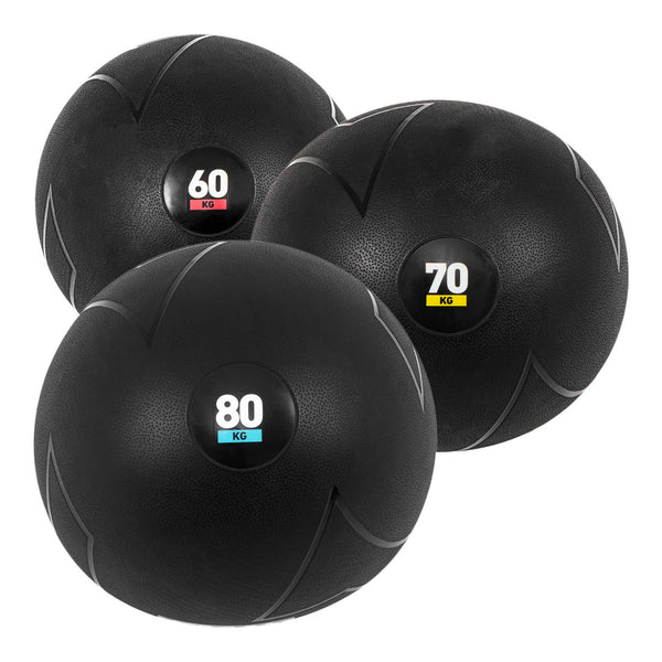 Featured in a prominent display against a white backdrop is the SMAI Slam Ball Monster Set, comprising three robust rubber slam balls, each distinctly labeled with their weights of 60 kg, 70 kg, and 80 kg. Ideal for strongman training, these balls boast textured surfaces for optimal performance.