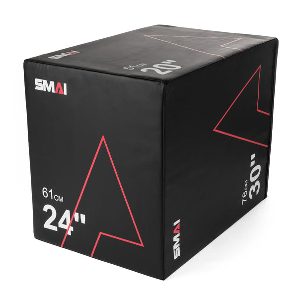 This robust black rectangular Plyometric Box - Pre-Assembled showcases red geometric patterns and measures 61 cm (24 inches), 51 cm (20 inches), and 76 cm (30 inches). Prioritizing athlete safety, the "SMAI" brand is tastefully displayed in white.