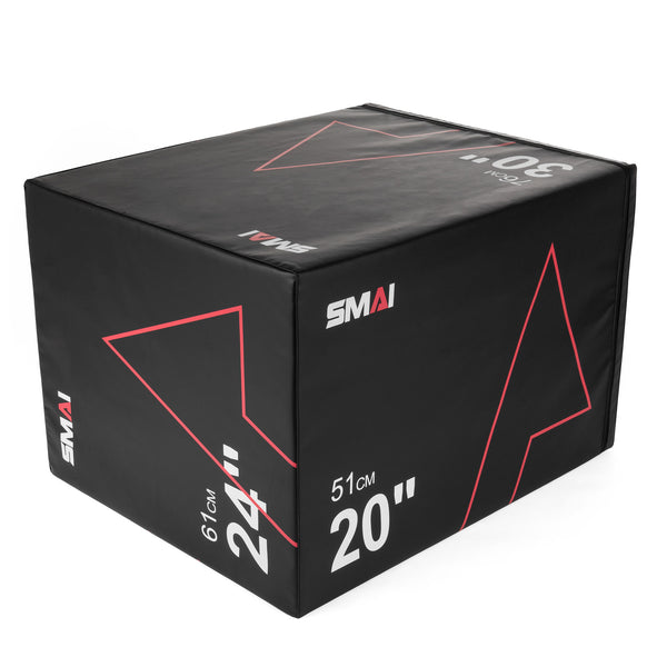 A durable black pre-assembled plyometric box featuring red and white markings showcases dimensions of 20, 24, and 30 inches. It is designed with athlete safety in mind, with the "SMAI" brand prominently displayed on the box.