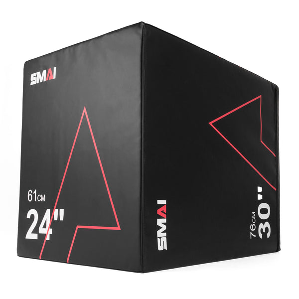 Introducing the SMAI Plyometric Box - Pre-Assembled: a robust black exercise platform adorned with striking red geometric patterns and the SMAI logo prominently featured. This plyo box is designed with athlete safety in mind, showcasing height measurements of 24 inches (61 cm) and 30 inches (76 cm) in white text on its various sides.