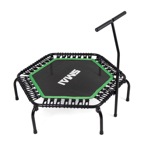 A compact 50" hexagonal black rebounder mini trampoline with a green trim and an "SMAI" logo on the jumping surface. This fitness equipment includes a stability handlebar for support and sturdy metal legs for durability, making it ideal for indoor use. Designed with bungee cords for enhanced performance.