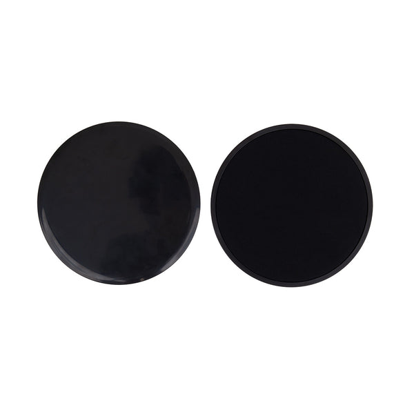 Two black SMAI Ab Slide Discs are displayed side by side on a white background. They feature a smooth, slightly glossy finish, resembling sleek discs ideal for enhancing core strength during workouts.