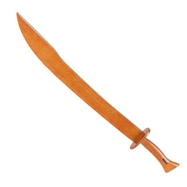 The SMAI Sword - Broadsword Wooden, crafted from red oak, has a smooth curved blade and basic handle with a natural wood grain finish, ideal for weapons training.