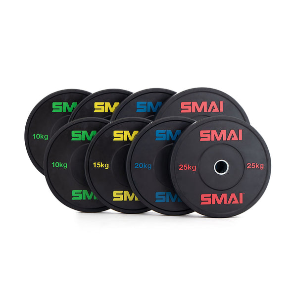 This HD Bumper Plates Set - 140kg Mixed from Sale Item includes eight plates made from high-grade rubber, featuring colored labels to identify weights in kilograms: 10kg (green), 15kg (yellow), 20kg (blue), and 25kg (red). Ideal for gym use, each plate proudly displays the "SMAI" branding.