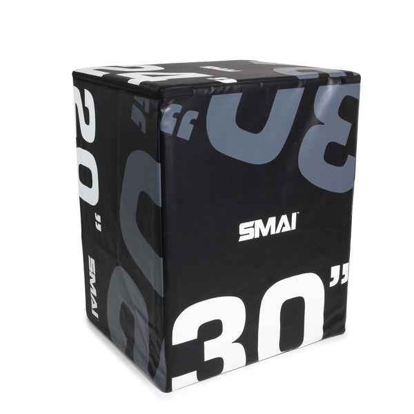 The product is a black EVA foam plyometric box called the "Plyometric Box - WOD Pro" from SMAI. It features bold gray numbers reading "30" and is designed for competition-grade exercise, offering a square and sturdy appearance ideal for training routines.