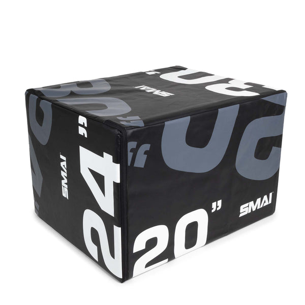 Introducing the Plyometric Box - WOD Pro by SMAI: a sleek, black rectangular box designed for competitions. It features bold numbers in white and gray indicating 20, 24, and 30 inches on its sides, with "SMAI" elegantly displayed in clean white lettering.