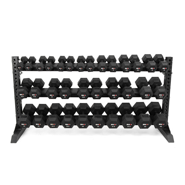 Storage Rack for Rubber Hex Dumbbells with 3 shelves straight on