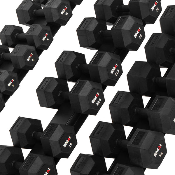 overhead view of rubber hex dumbbells on a storage rack