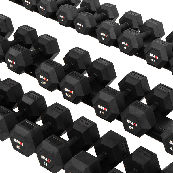 Rows of rubber hex dumbbells on a rack