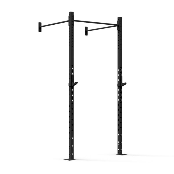 Introducing the Wall Mounted Rig - 1 Squat Cell - X-Frame from No Sync To Channel Engine, a robust black metal setup featuring adjustable safety bars and a pull-up bar. Its modular design includes multiple holes for customizable height adjustments, making it perfect for weightlifting or strength training. This freestanding steel rig is showcased against a white background, ideal as commercial equipment.