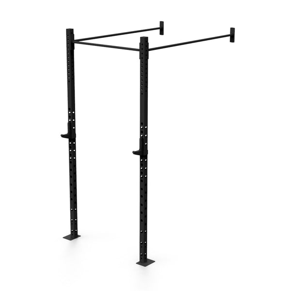 Introducing the Wall Mounted Rig - 1 Squat Cell - X-Frame by No Sync To Channel Engine. This black modular setup features a sturdy horizontal bar crafted from durable steel tubing and adjustable vertical posts. Ideal for fitness and exercise, it offers a versatile and space-efficient design for strength training both indoors and outdoors.