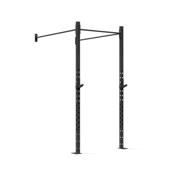 The Wall Mounted Rig - 1 Squat Cell - X-Frame by No Sync To Channel Engine is a black metal pull-up bar designed for wall mounting. Featuring adjustable height and a modular X-Frame design, this sturdy structure includes vertical support beams with multiple holes, offering customization options ideal for commercial fitness and strength training exercises.