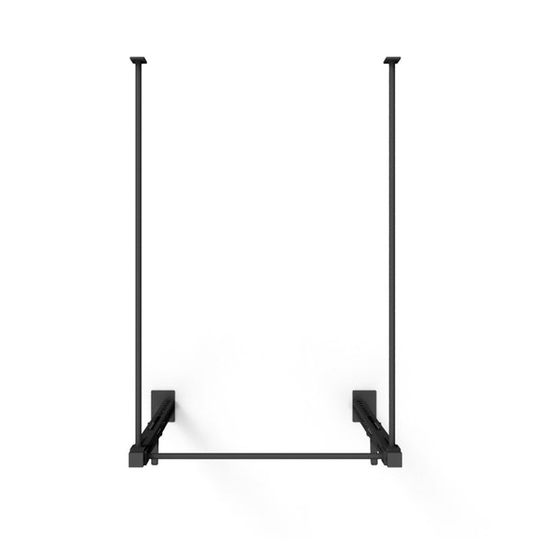 The Wall Mounted Rig - 1 Squat Cell - X-Frame by No Sync To Channel Engine, featuring a sleek black metal bar made from durable steel tubing, stands out against a white background, highlighting its modular design.