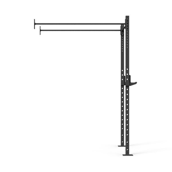 The Wall Mounted Rig - 1 Squat Cell - X-Frame from No Sync To Channel Engine offers a black, modular design with multiple holes for adjustable height. Crafted with durable steel racks, it features two horizontal bars extending outward and sturdy vertical supports, making it ideal for both home and gym use.