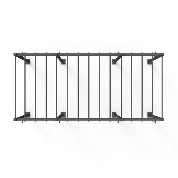 A top-down view reveals a wall-mounted coat rack made from high-gauge black steel, featuring nine parallel rods. Its minimalist design echoes the sleek structure of a Rig - 4 Squat Cells with Monkey - X-Frame by No Sync To Channel Engine and includes straightforward hooks for hanging items.