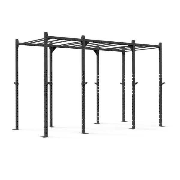 A spacious, black No Sync To Channel Engine Rig - 4 Squat Cells with Monkey - X-Frame featuring four vertical posts and multiple horizontal bars, perfect for fitness training and strength exercises. This versatile setup is ideal for a commercial gym and is displayed against a plain white background.