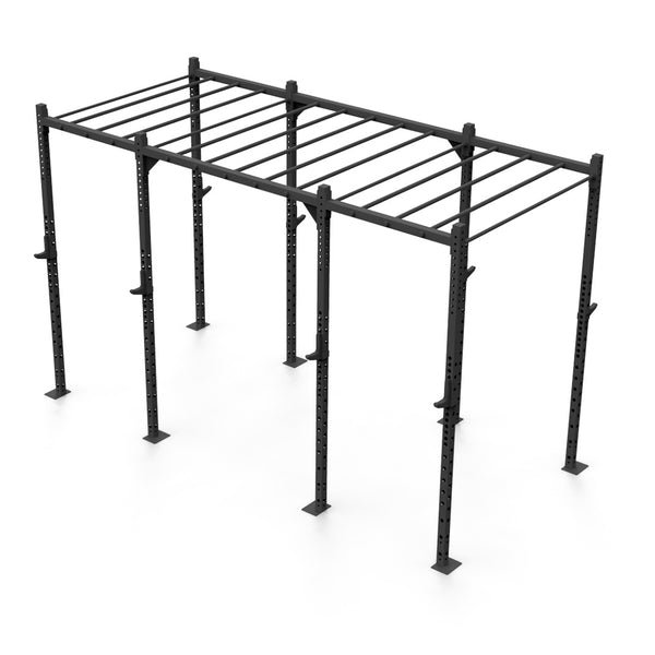 The Rig - 4 Squat Cells with Monkey - X-Frame by No Sync To Channel Engine is a sleek black metal gym setup made from high-gauge steel. It boasts a rectangular frame equipped with multiple pull-up bars and adjustable components, making it ideal for strength training in commercial gyms. The freestanding structure is presented against a white backdrop.