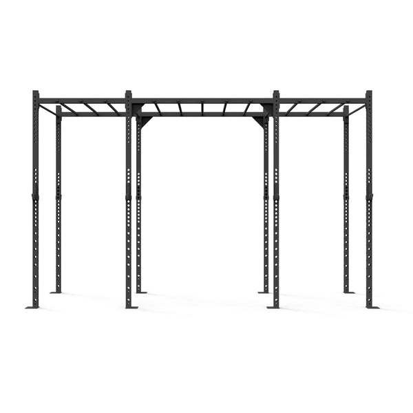 The "No Sync To Channel Engine" Rig - 4 Squat Cells with Monkey - X-Frame is a sturdy metal outdoor fitness structure constructed from high-gauge steel, complete with parallel bars and multiple support posts designed for exercises such as pull-ups and monkey bars. This essential piece for commercial gyms boasts a sleek black finish set against a plain white backdrop.