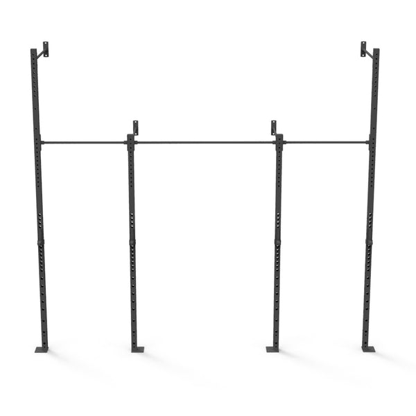 Introducing the Wall Mounted Rig - 2 Squat Cell with Bridge - X-Frame by No Sync To Channel Engine. This robust, freestanding black steel pull-up rack boasts a modular design with three vertical posts and a horizontal bar, ideal for workouts. It is a piece of commercial equipment elegantly displayed against a plain white background.