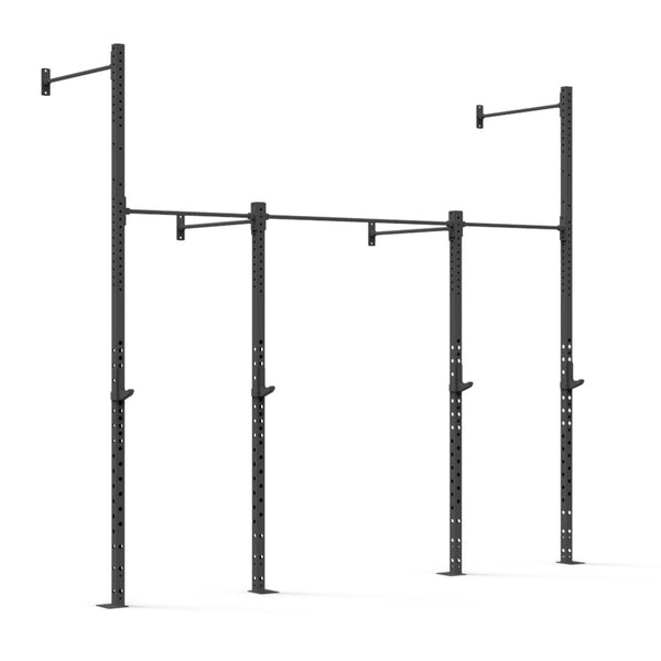 The Wall Mounted Rig - 2 Squat Cell with Bridge - X-Frame by No Sync To Channel Engine is a sleek, black metal pull-up rig constructed from premium steel. It includes three vertical posts and horizontal bars for exercise routines. The adjustable hooks and brackets add to its modular design, making it ideal for fitness training. The rig is showcased against a plain white background.