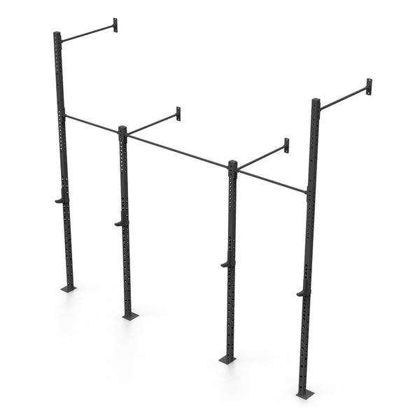 Introducing the Wall Mounted Rig - 2 Squat Cell with Bridge - X-Frame by No Sync To Channel Engine, this pull-up rig features a robust black metal construction with Superior Steel. Its modular design incorporates several horizontal bars supported by vertical posts, making it ideal for fitness and strength training exercises.