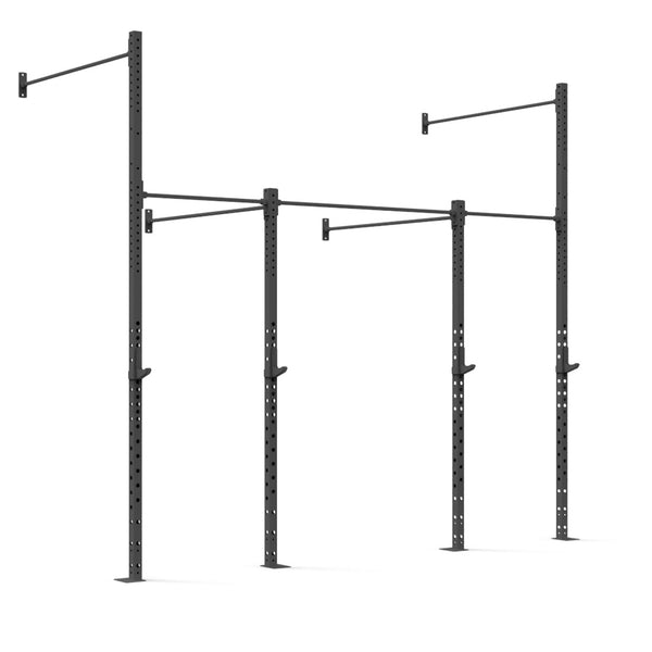 Introducing the "Wall Mounted Rig - 2 Squat Cell with Bridge - X-Frame" from No Sync To Channel Engine. This versatile three-bay wall-mounted rig features a modular design with adjustable hooks and durable steel construction. It includes vertical posts equipped with holes for customization and horizontal bars perfect for pull-up exercises, making it an ideal addition to any gym or fitness facility.