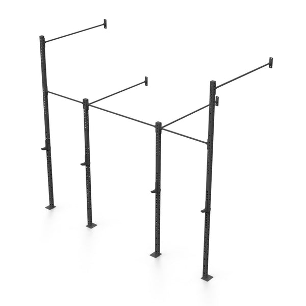 Introducing the Wall Mounted Rig - 2 Squat Cell with Bridge - X-Frame by No Sync To Channel Engine, a sleek black metal pull-up bar crafted from sturdy steel tubing. Designed for fitness exercises and strength training, it boasts three vertical posts and two horizontal bars in a modular format. Its freestanding minimalist design stands out against a plain white background.