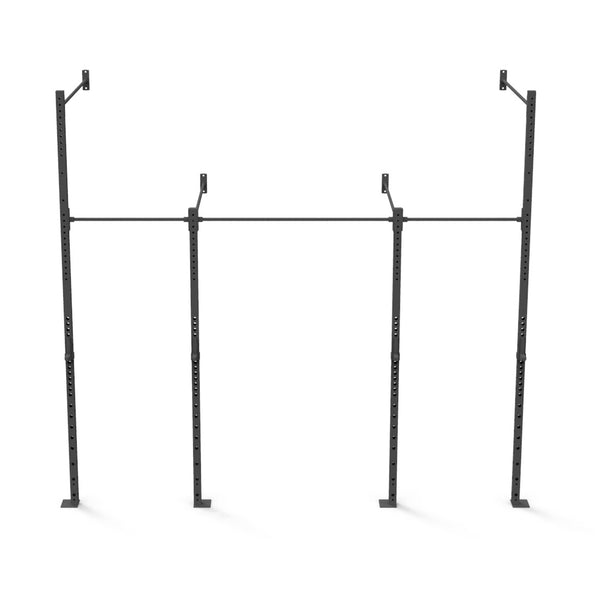 Introducing the Wall Mounted Rig - 2 Squat Cell with Bridge - X-Frame by No Sync To Channel Engine, a freestanding pull-up bar designed in sleek black and crafted from durable steel tubing. This modular piece features an adjustable horizontal bar supported by vertical posts, each equipped with multiple holes for customization to fit any workout setting, be it at home or in the gym. The structure is elegantly displayed against a plain white background.