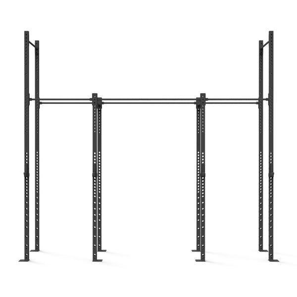 Introducing the Rig - 4 Squat Cell with Bridge by No Sync To Channel Engine: a black metal outdoor pull-up apparatus featuring a modular design, adjustable height bars, and sturdy vertical posts connected by horizontal steel tubing. This equipment is suitable for strength training and calisthenics exercises, catering to those seeking commercial-grade performance.