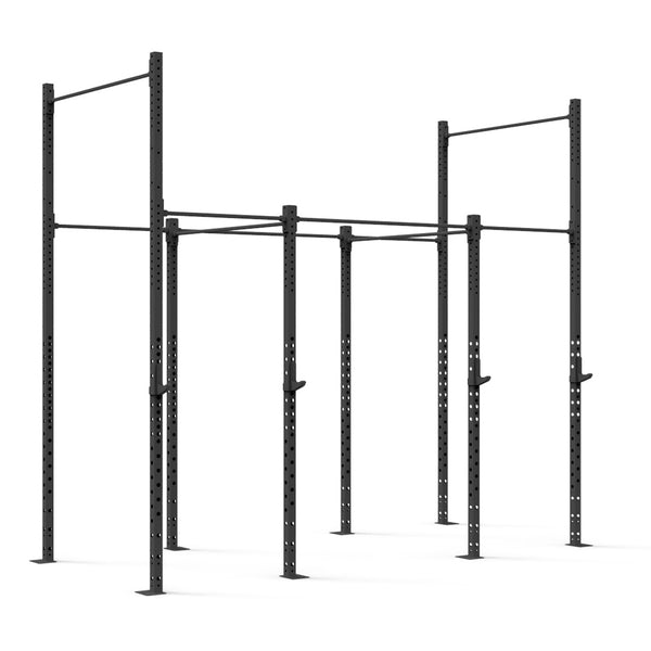 Introducing the "Rig - 4 Squat Cell with Bridge" by No Sync To Channel Engine: This commercial-grade equipment is a large black steel modular gym rig, expertly crafted with durable steel tubing. It features multiple pull-up bars and adjustable heights, making it perfect for cross-training and fitness exercises. Its versatile modular design includes vertical and horizontal beams, offering varied workout options.