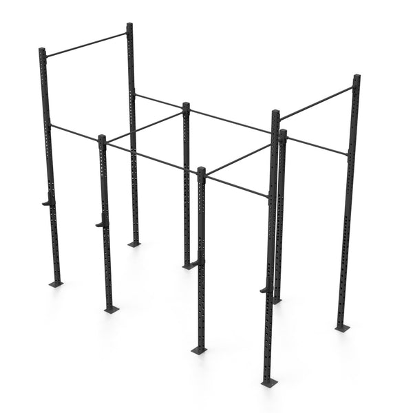 The "Rig - 4 Squat Cell with Bridge" by No Sync To Channel Engine is a black metal calisthenics setup made from durable steel tubing. It features a modular design with multiple pull-up bars, and its vertical and horizontal bars seamlessly connect three main sections, making it perfect for strength training and fitness exercises.