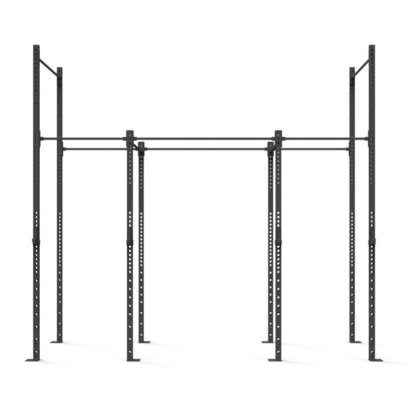 The Rig - 4 Squat Cell with Bridge by No Sync To Channel Engine is a large, freestanding pull-up and exercise rig with a modular design that includes multiple bars and adjustable holes for customization. Made from dark steel tubing with a durable powder coat finish, it's ideal for fitness routines on a white background.