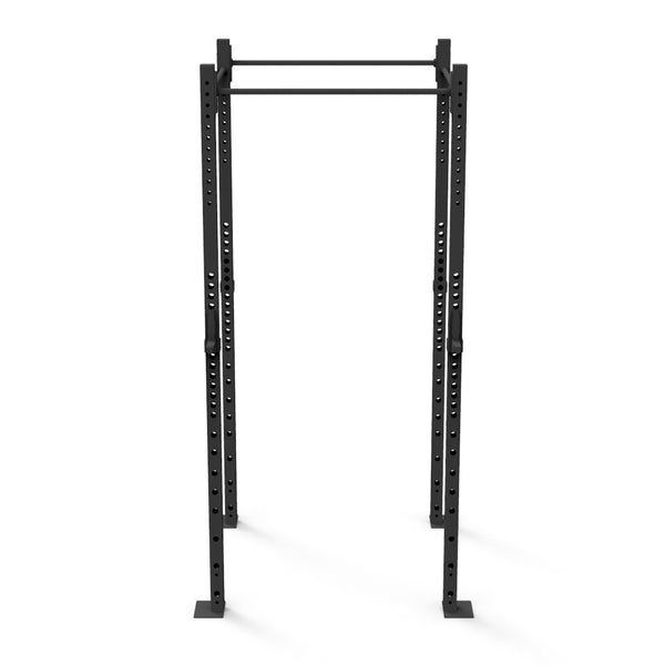 The Rig - 2 Squats Cells - X-Frame, from the brand No Sync To Channel Engine, is crafted from high-gauge steel tubing. This black metal squat rack features adjustable holes for customizable height. It includes two vertical posts linked by a horizontal pull-up bar, suitable for various strength training exercises in commercial gym settings, set against an empty white background.