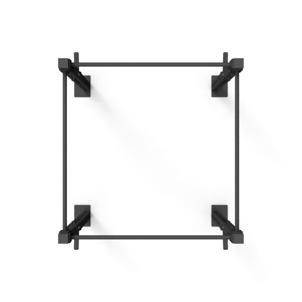 A top view of the minimalist black No Sync To Channel Engine Rig - 2 Squat Cells - X-Frame, constructed from high-gauge steel tubing. Its elegant design includes four corners linked by horizontal and vertical bars, making it ideal for commercial gym use, all set against a plain white background.