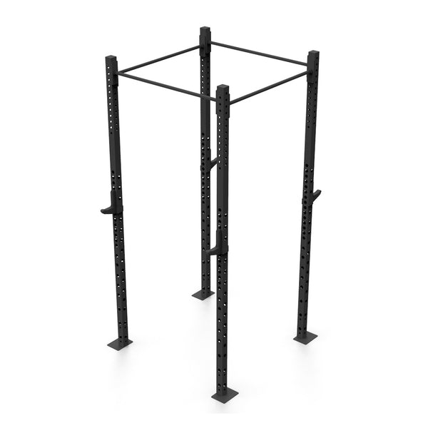 The Rig - 2 Squats Cells - X-Frame by No Sync To Channel Engine is a black power rack designed from high-gauge steel tubing. It includes adjustable holes for a weightlifting bar and two horizontal bars that connect four vertical posts, making it ideal for strength training exercises such as squats, bench presses, and pull-ups. It is perfect for use in commercial gyms.