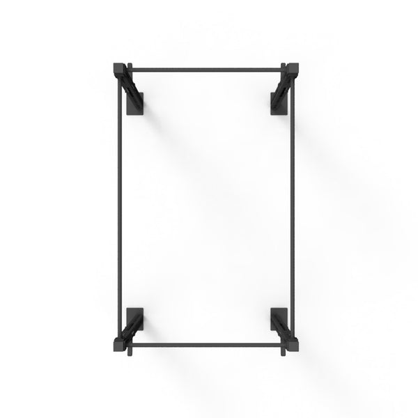 Top view of a minimalist, black-framed Rig - 2 Squats Cells - X-Frame crafted from high-gauge steel tubing with a glass surface. The clean lines and modern design echo the sleek elegance reminiscent of No Sync To Channel Engine's commercial gym equipment, set against a pristine white background.